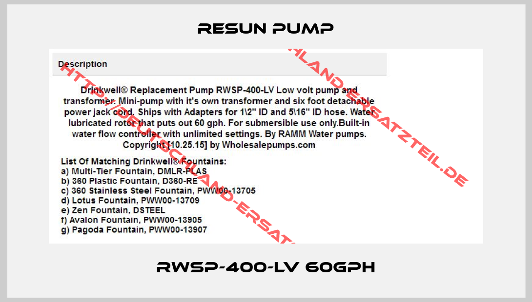 Resun Pump-RWSP-400-LV 60gph