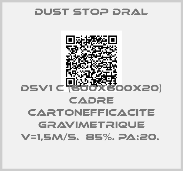 Dust Stop Dral-DSV1 C (600X600X20) CADRE CARTONEFFICACITE GRAVIMETRIQUE V=1,5M/S.  85%. PA:20. 