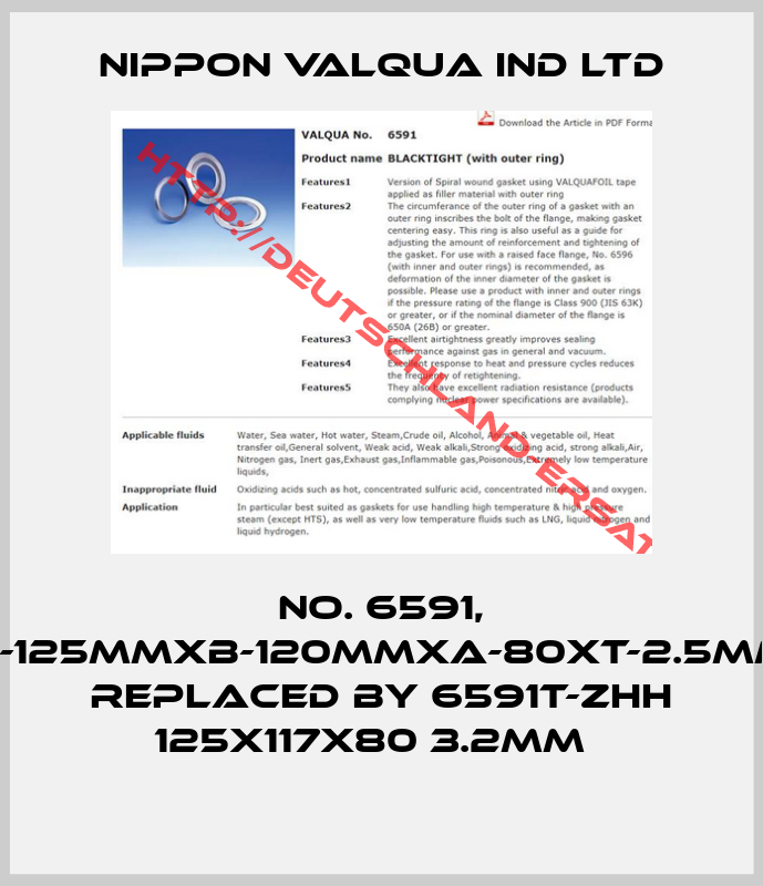 NIPPON VALQUA IND LTD-no. 6591, D-125mmXB-120mmXA-80XT-2.5mm replaced by 6591T-ZHH 125x117x80 3.2mm  