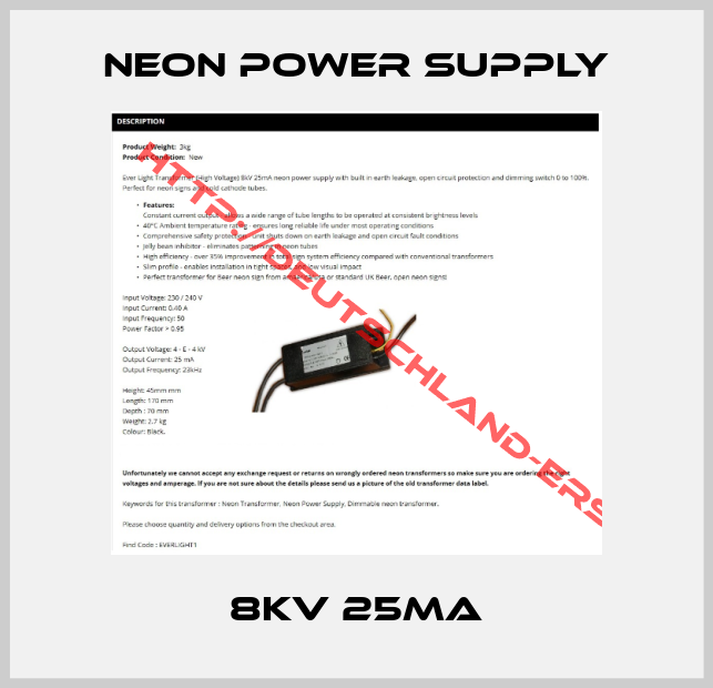 Neon Power Supply-8KV 25MA